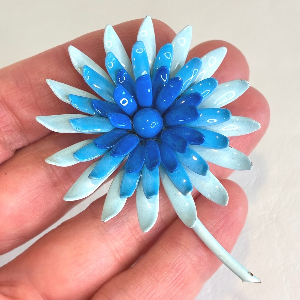 Corocraft Brooch Vintage Blue Enamel Flower Daisy Retro Mod Pop Art Hippie